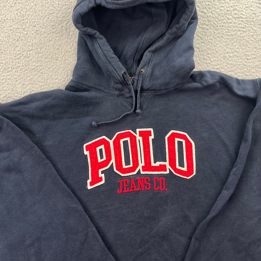 Polo Jeans Co Hoodie Mens XL Navy Blue Ralph Lauren Spellout Pullover Sweatshirt